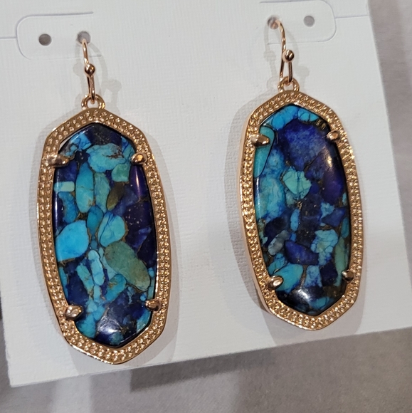 ROSE GOLD Custom Kendra Scott Bronze Veined Lapis Turquoise Elle Earrings - Picture 5 of 7